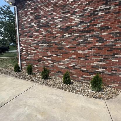 Evergreen shrubs planted in decorative gravel beside a multicolor brick wall and concrete walkway.