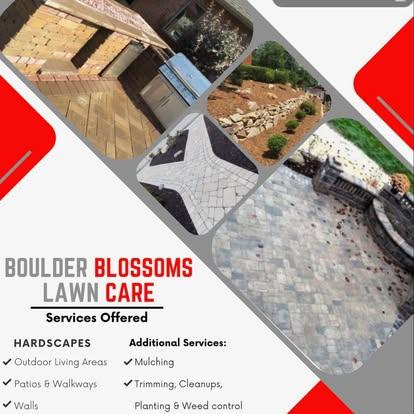 Boulder Blossoms marketing collage showing patios, walkways, retaining walls, and outdoor living spaces.
