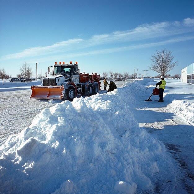 Commercial snow plow and crew clearing a parking lot after a winter storm